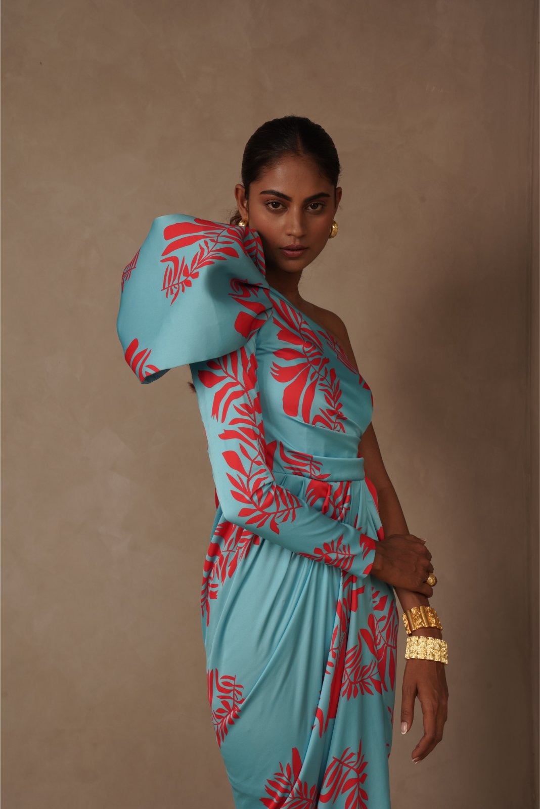 Blue Drape Dress with Structured Sleeve - Power