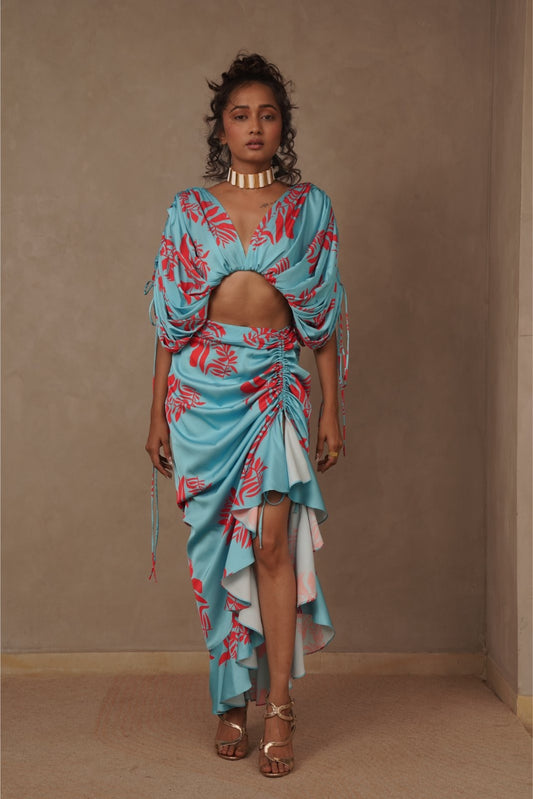 Blue and Red Printed Drape Skirt and Top Coord Set – Bliss