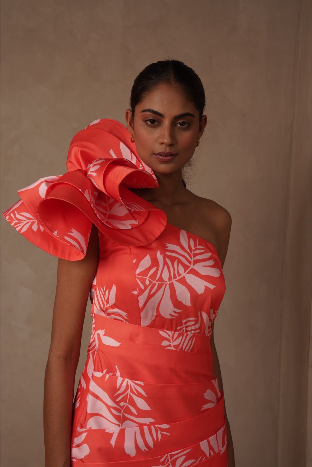 Orange One Shoulder Drape Dress with Dramatic Flower and Trail - Blossom