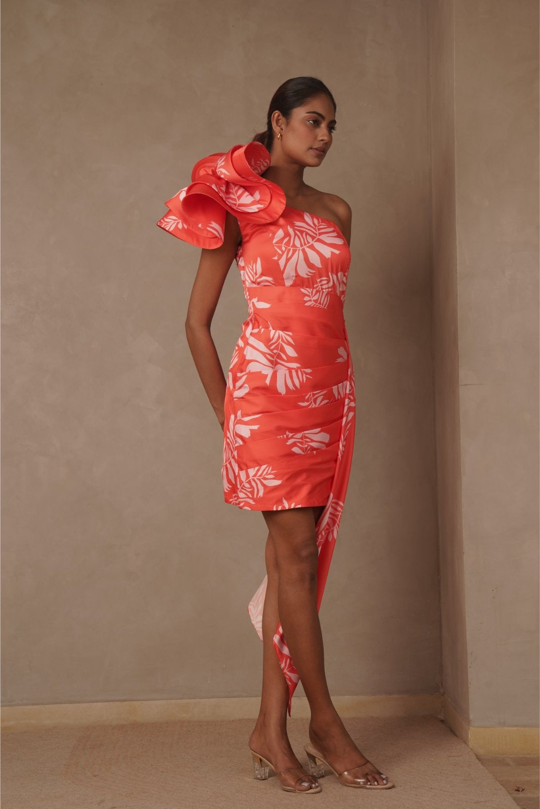 Orange One Shoulder Drape Dress with Dramatic Flower and Trail - Blossom