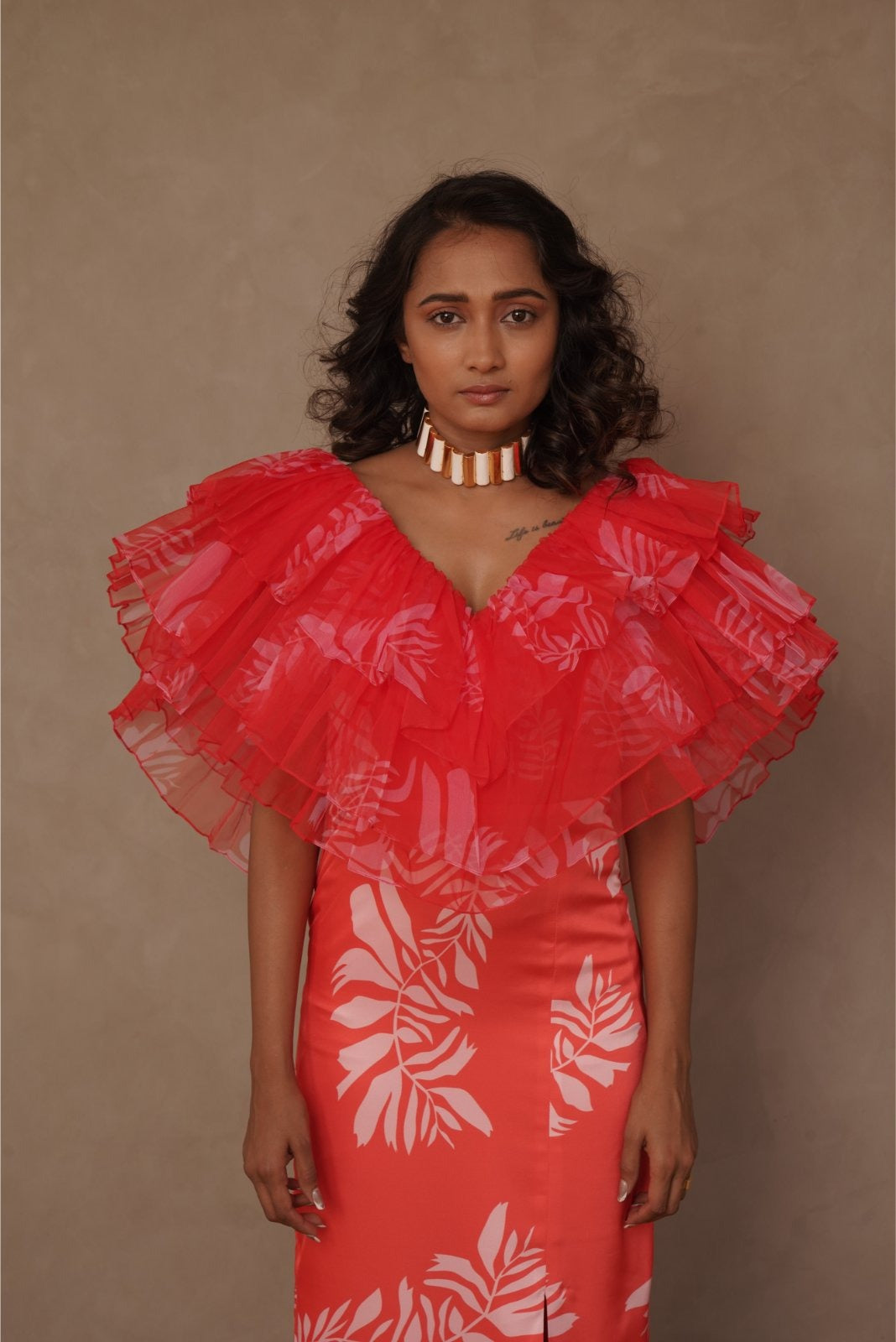 Orange Ruffled Drama Ankle Length Dress - Strength