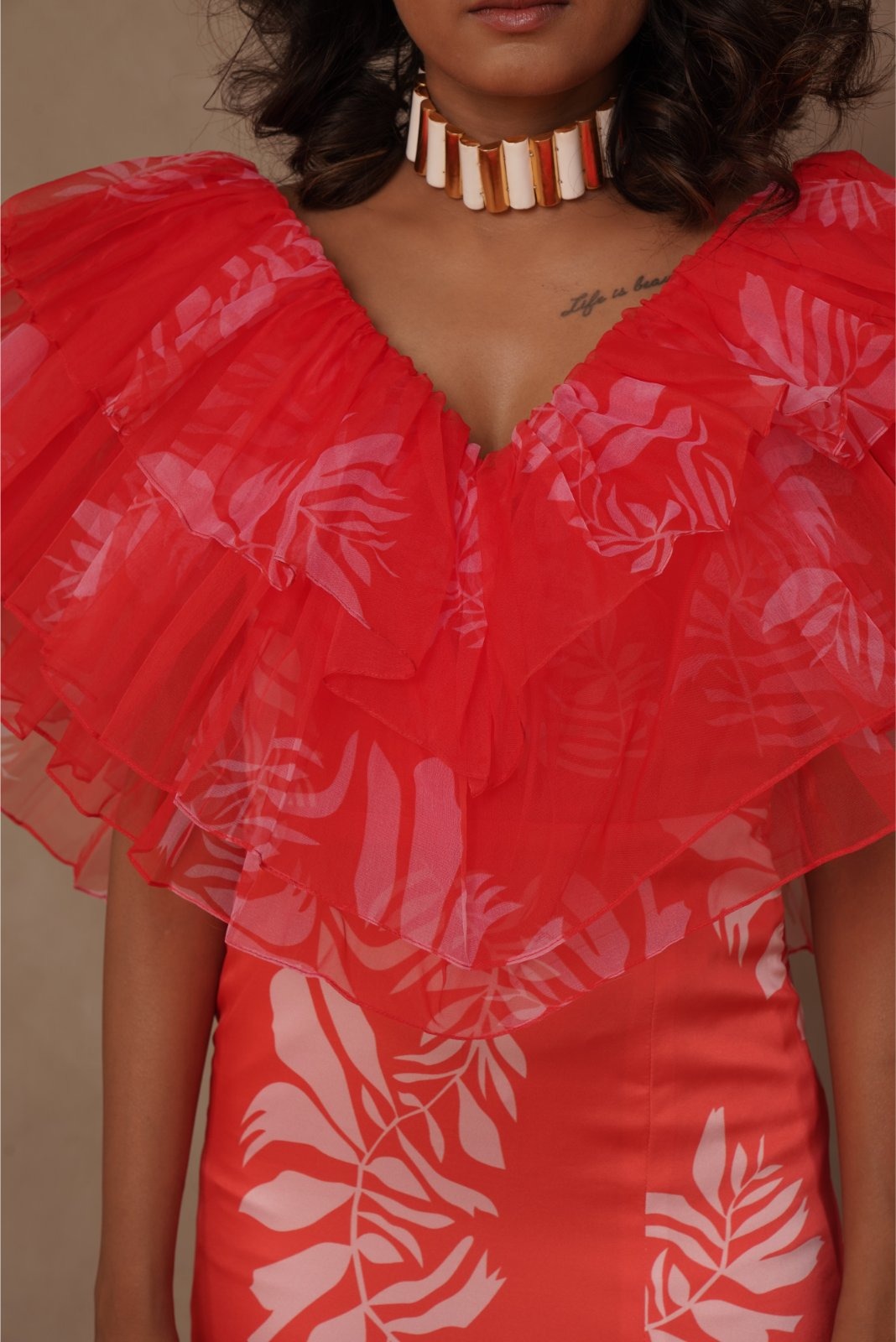 Orange Ruffled Drama Ankle Length Dress - Strength