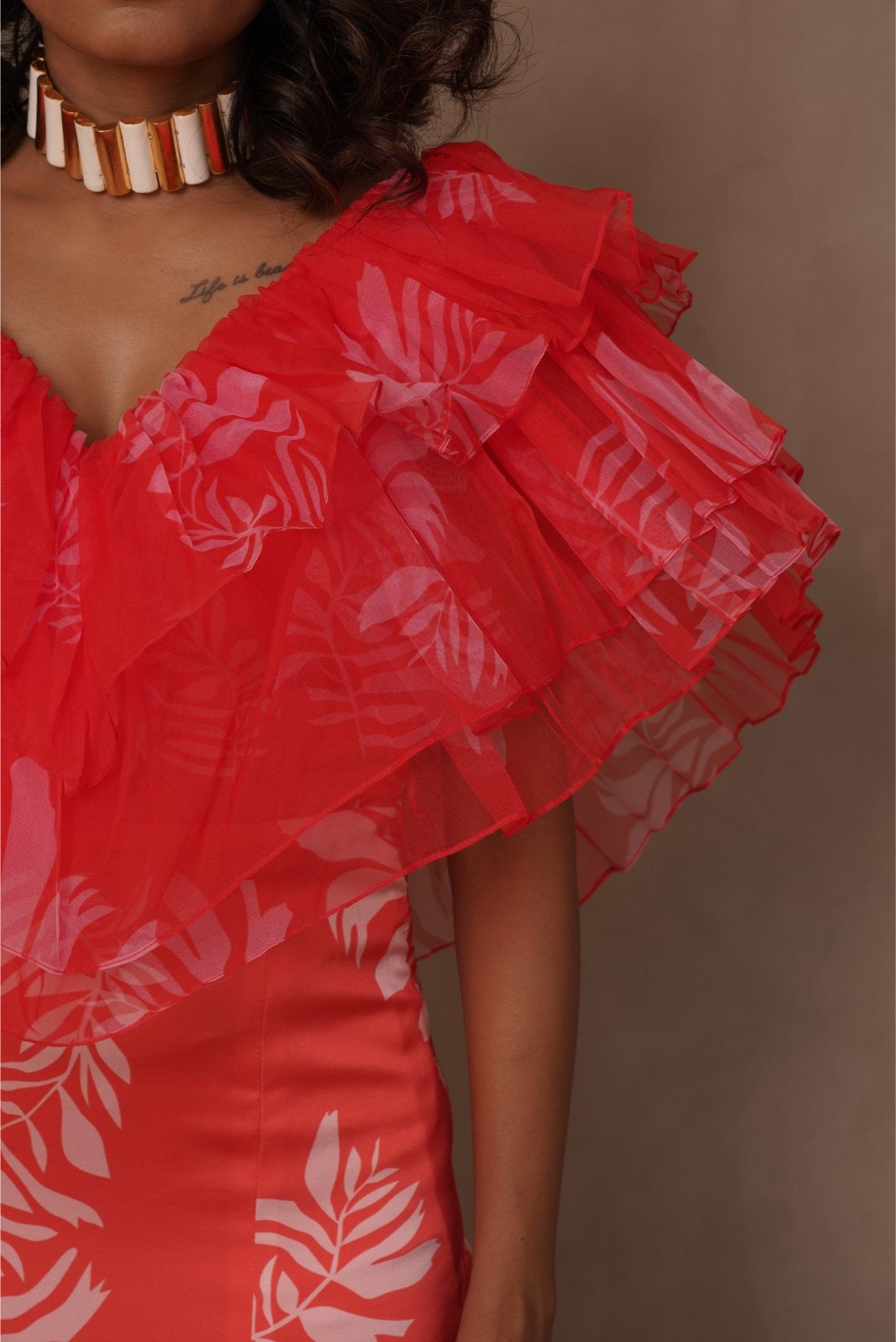 Orange Ruffled Drama Ankle Length Dress - Strength