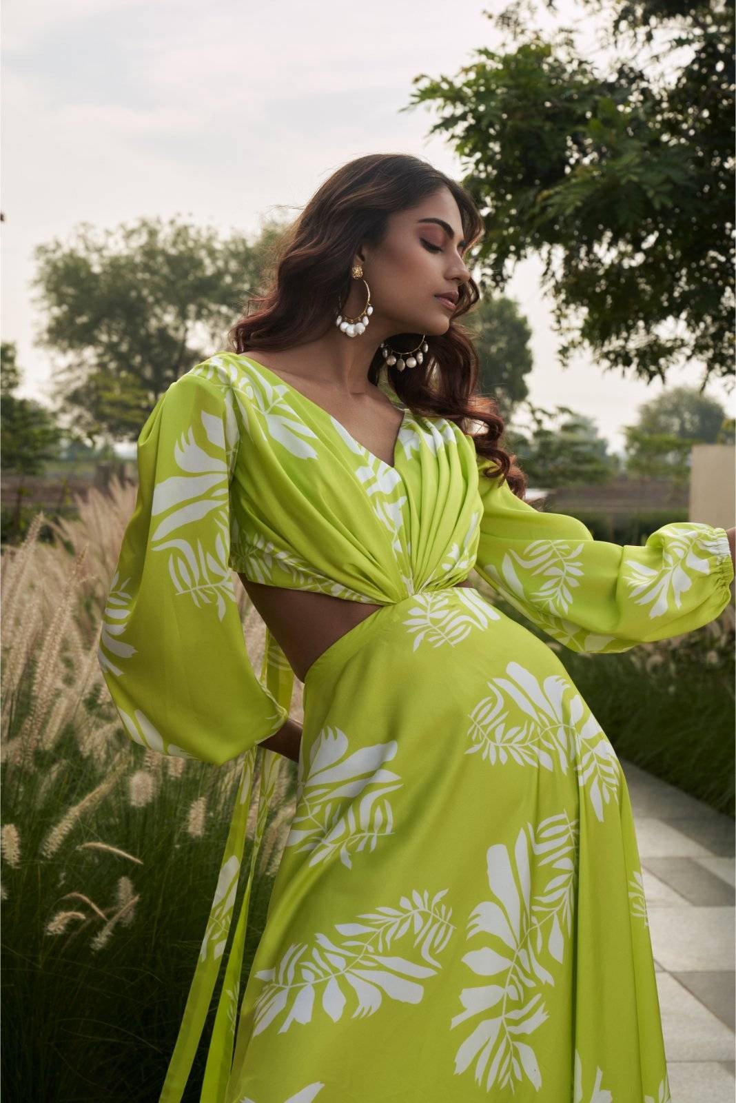 Lime Green Full Sleeved Side Cutout Gown - Grace