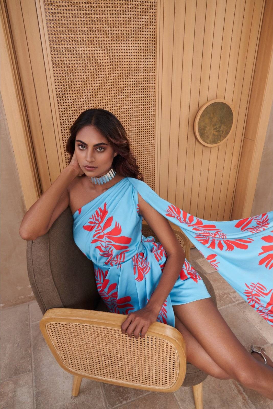 Blue One Shoulder Drape Dress- Flame