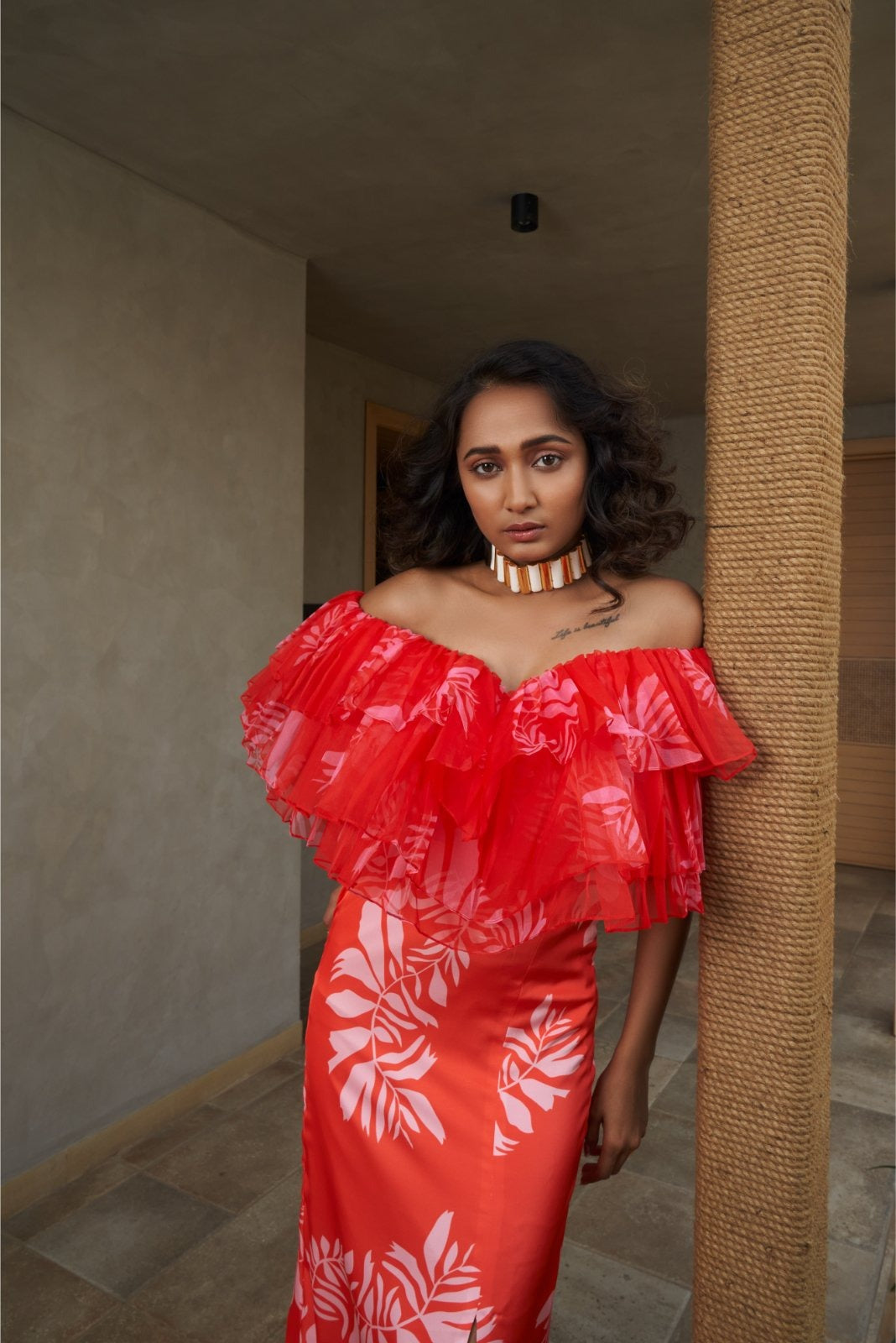 Orange Ruffled Drama Ankle Length Dress - Strength