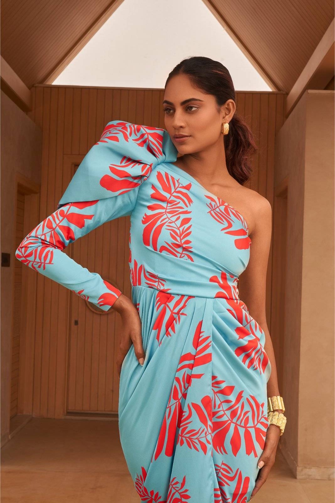 Blue Drape Dress with Structured Sleeve - Power