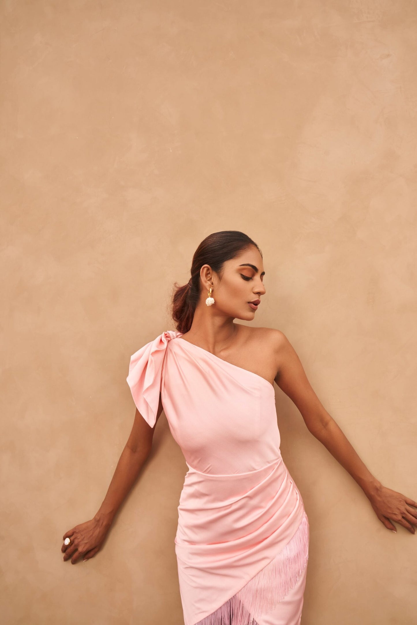 Baby Pink Short Drape Dress with Fringes - Delight