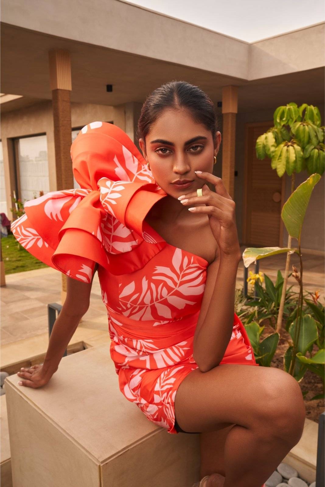 Orange One Shoulder Drape Dress with Dramatic Flower and Trail - Blossom