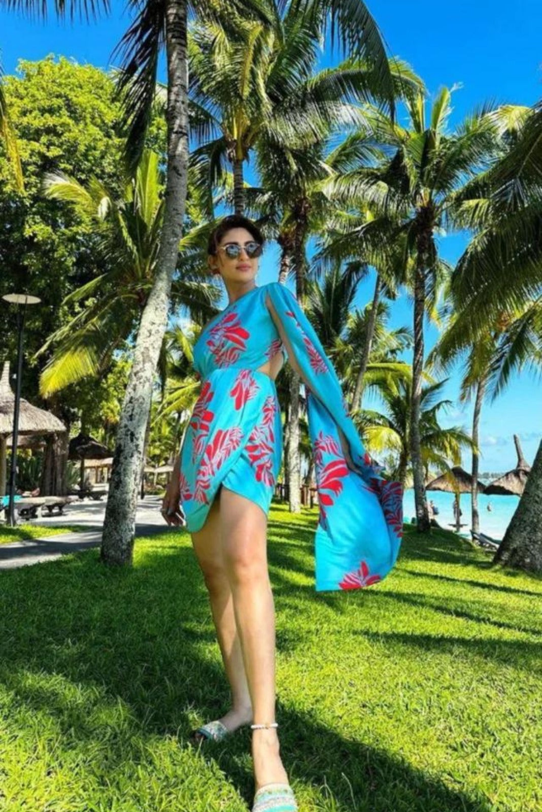 Blue One Shoulder Drape Dress- Flame