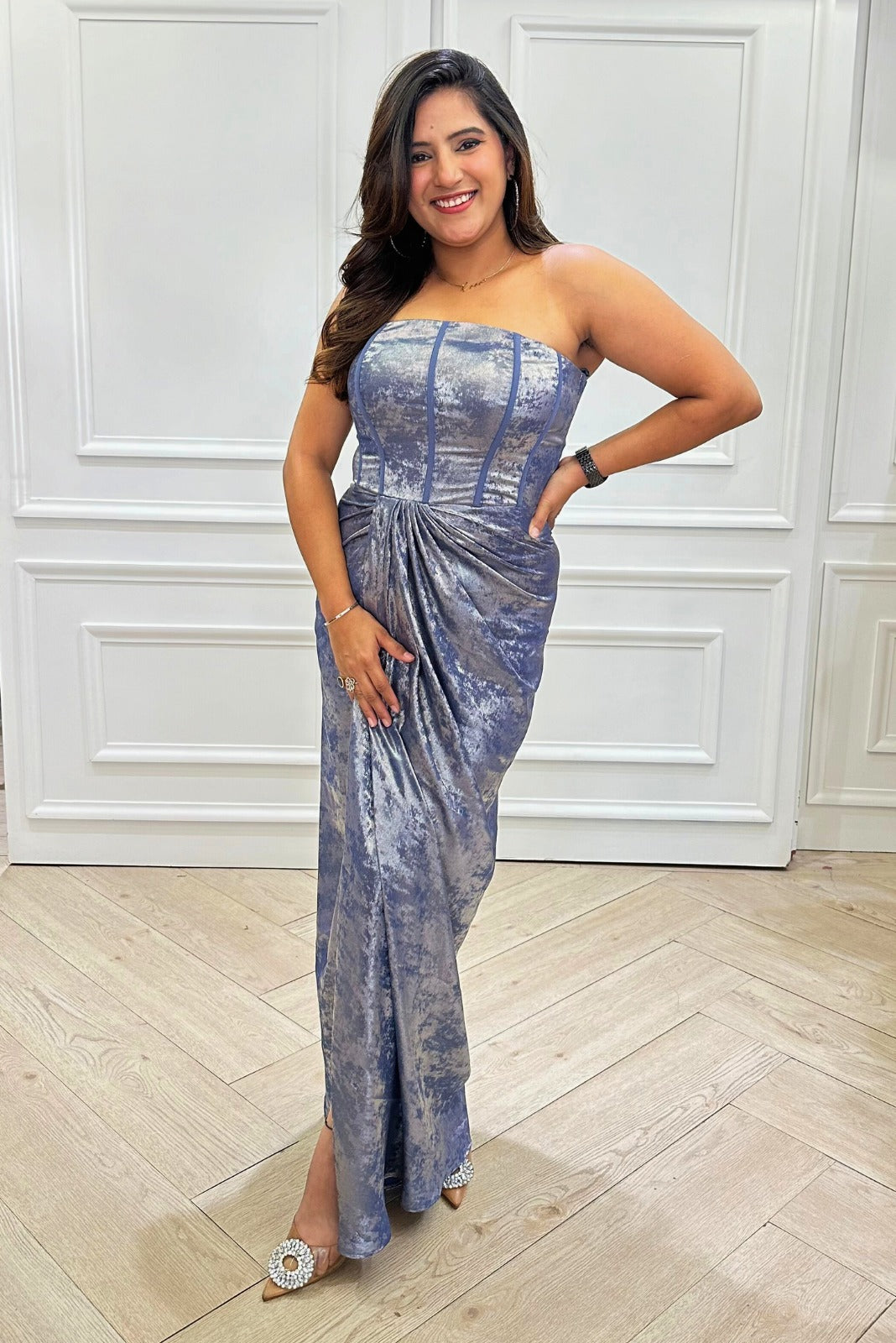 Metallic Grey Tube Drape Dress With A Slit