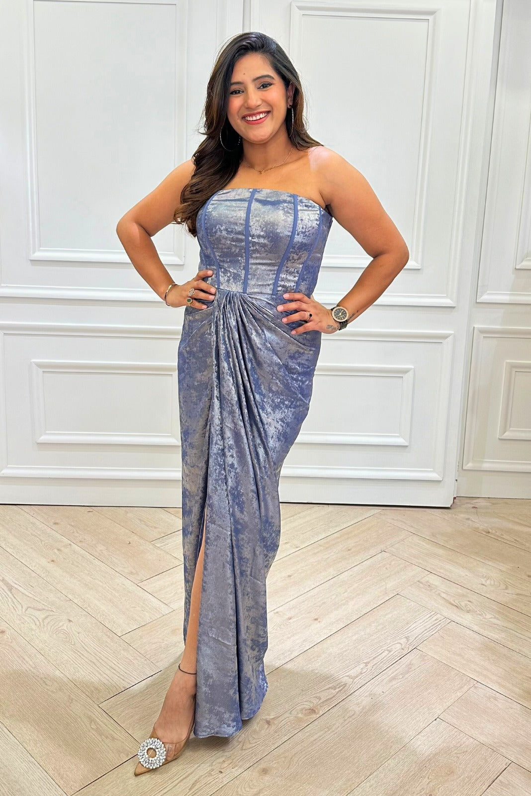 Metallic Grey Tube Drape Dress With A Slit