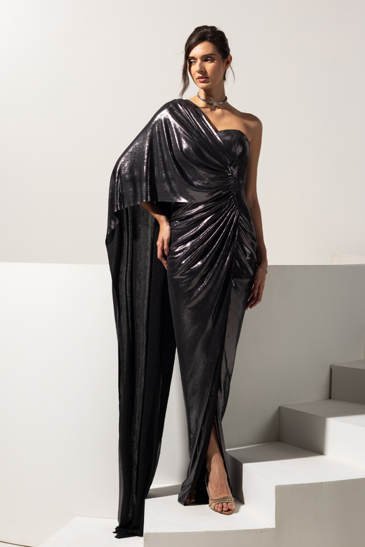 Metallic Grey One Shoulder Drape Gown - Gunmetal