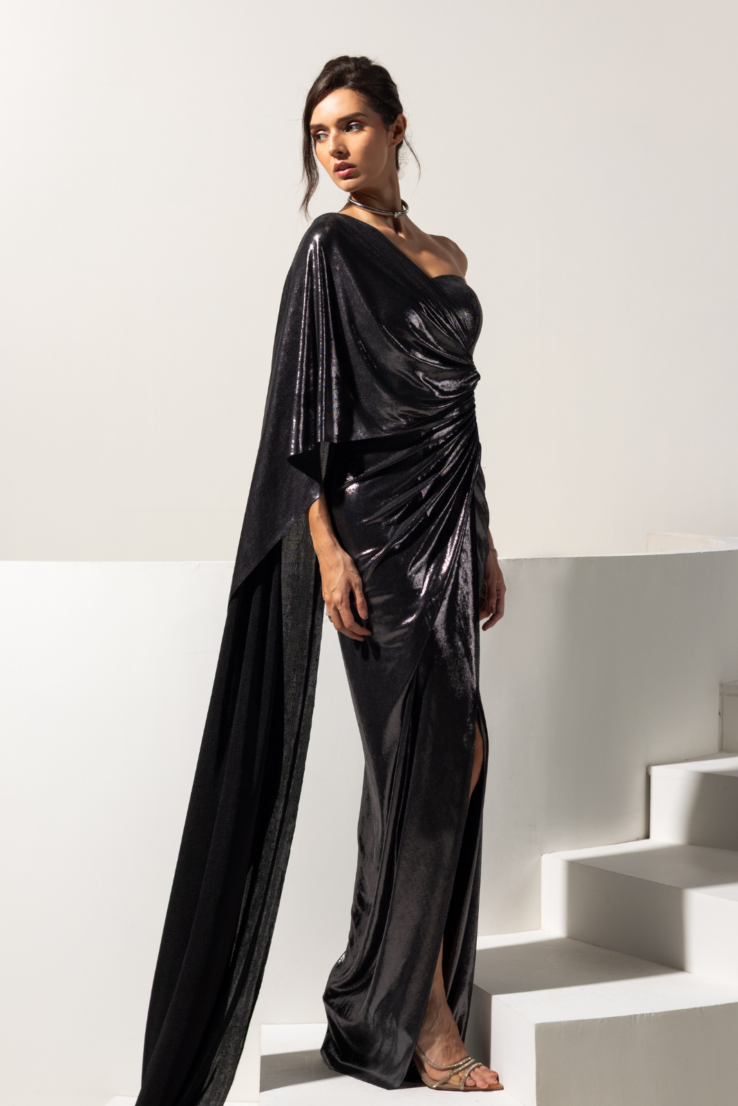 Metallic Grey One Shoulder Drape Gown - Gunmetal