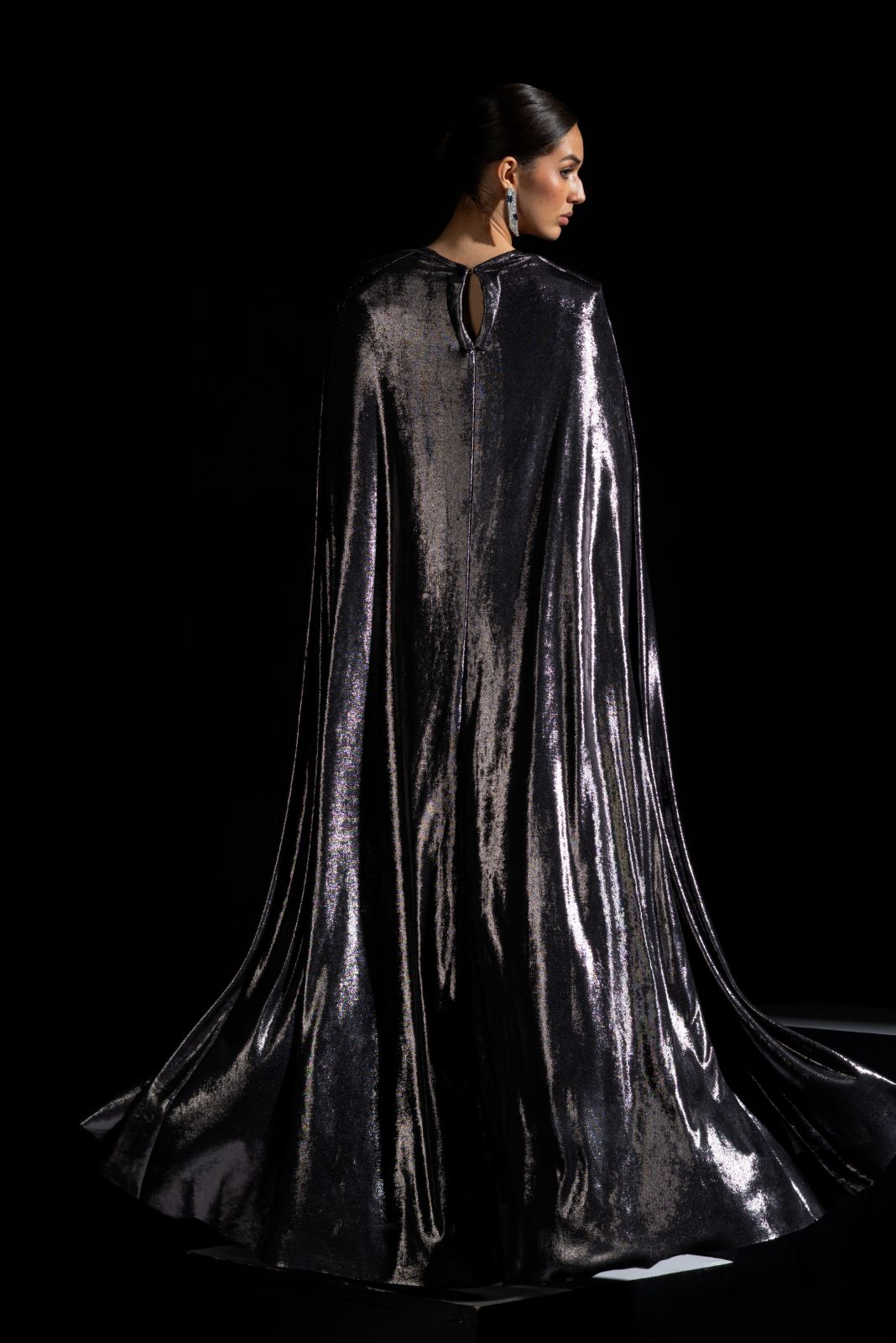 Metallic Grey Tube Corset Drape Gown with Cape - Smoke