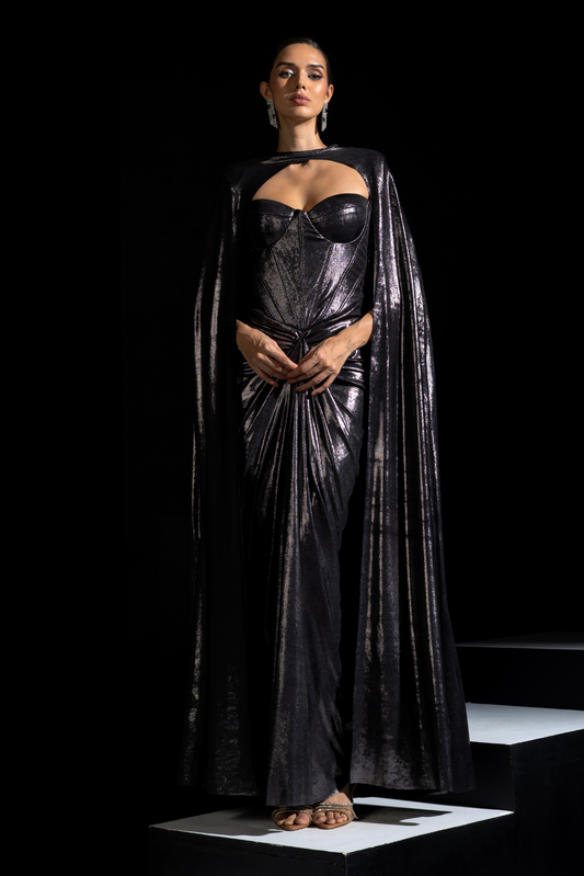 Metallic Grey Tube Corset Drape Gown with Cape - Smoke