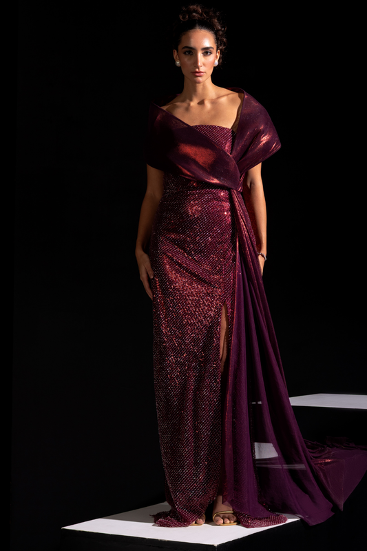 Metallic Red Structured Gown - Ox blood