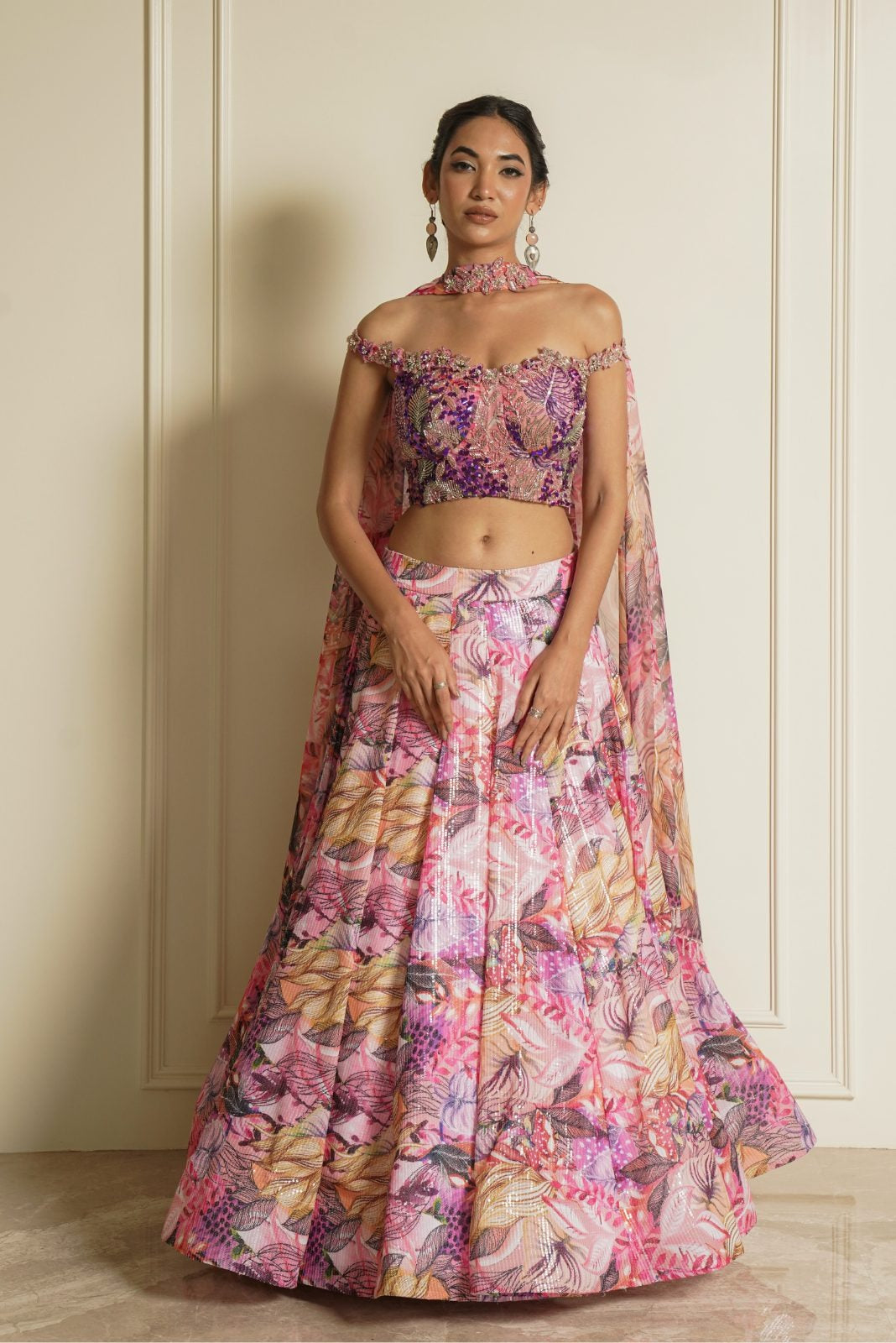 Multi Colour Blouse with Printed Lehenga and Choker Dupatta – Starflowers Sprinkles