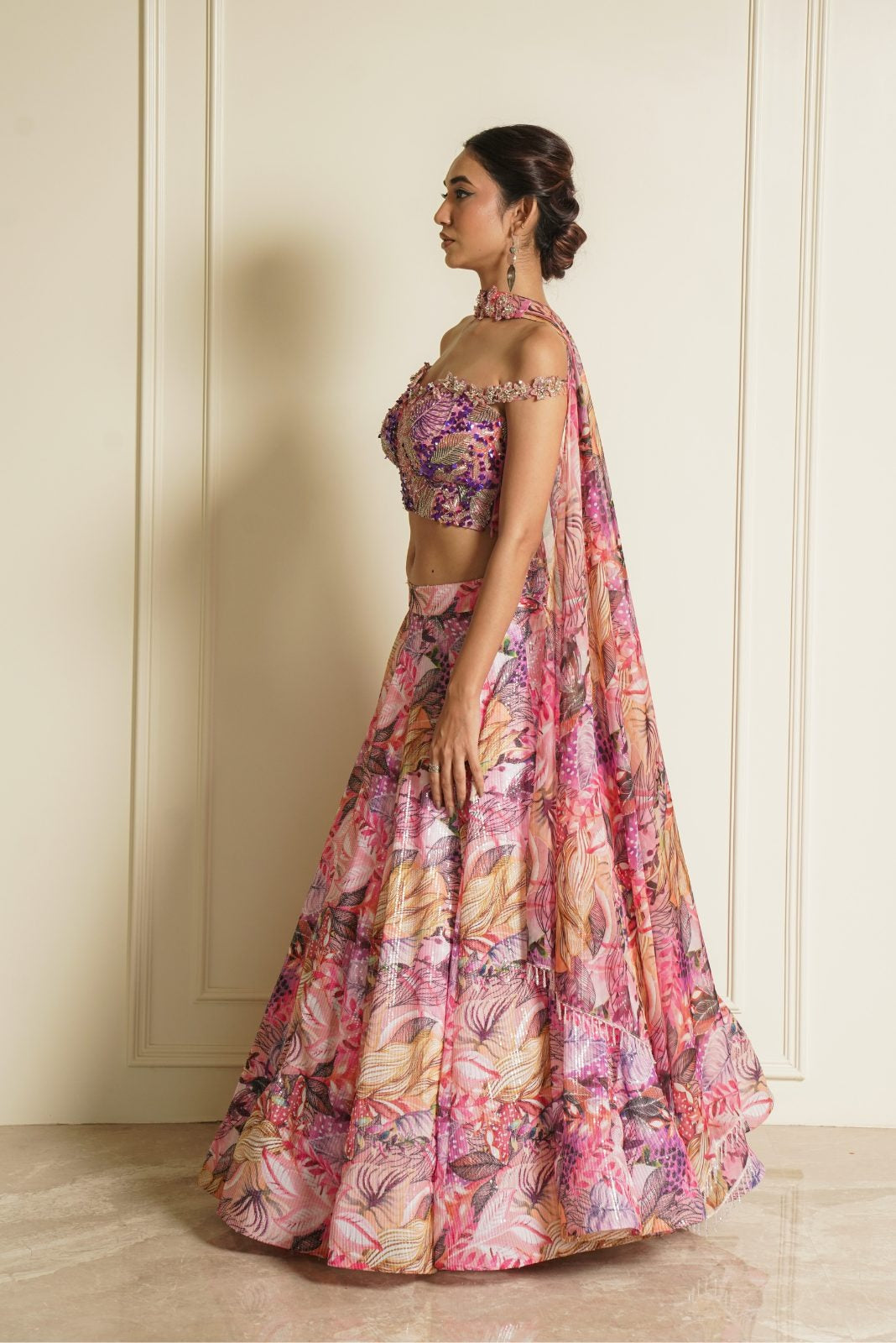 Multi Colour Blouse with Printed Lehenga and Choker Dupatta – Starflowers Sprinkles