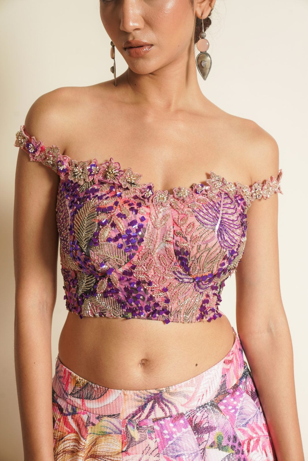 Multi Colour Blouse with Printed Lehenga and Choker Dupatta – Starflowers Sprinkles