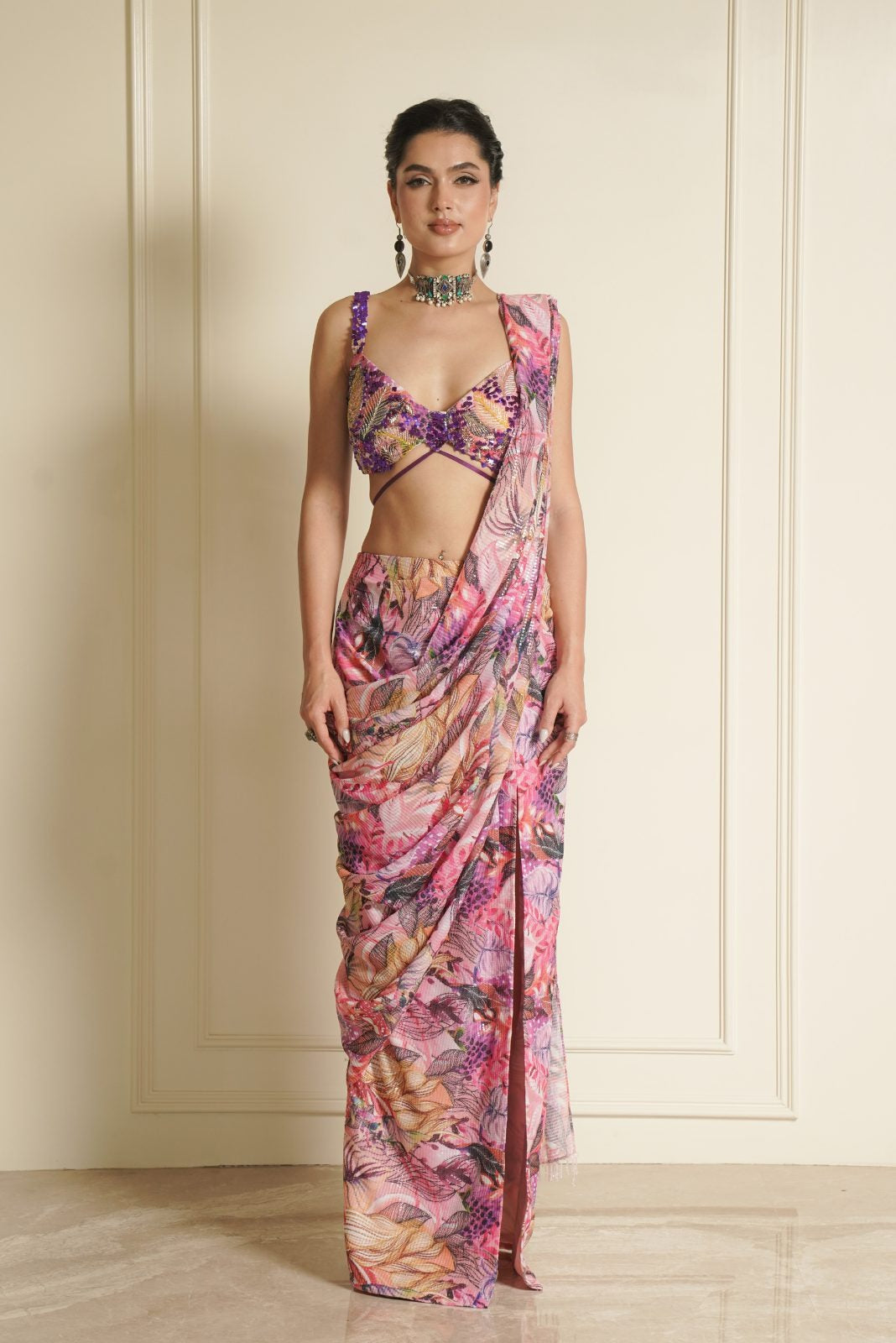 Multi Colour Printed Ready to Wear Saree with Handwork Blouse – Zinnia Zest