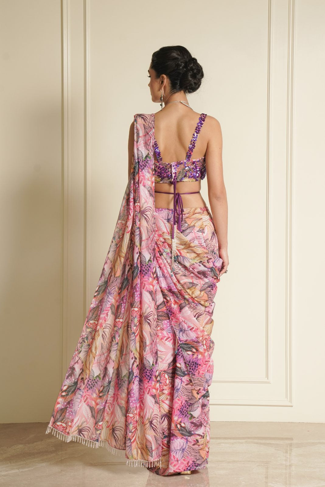 Multi Colour Printed Ready to Wear Saree with Handwork Blouse – Zinnia Zest