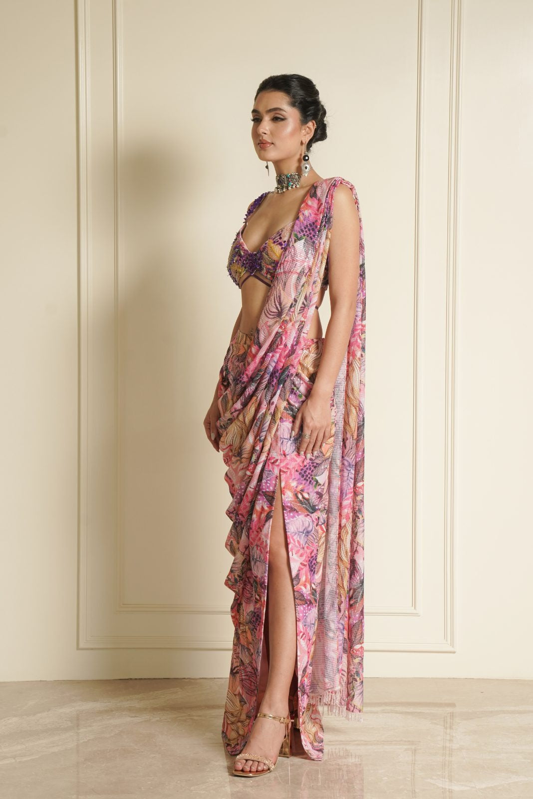 Multi Colour Printed Ready to Wear Saree with Handwork Blouse – Zinnia Zest