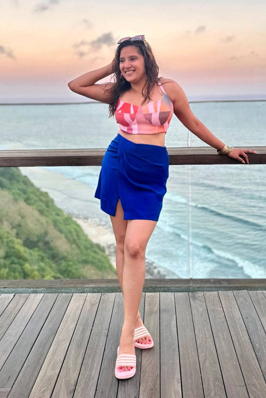 Multicolour Stretch Corset With Drape Mini Skirt