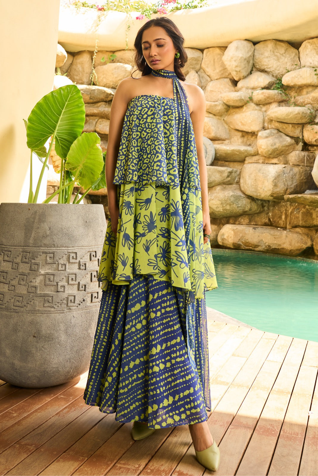 Navy Blue and Green Trio Print Three Layered Gown