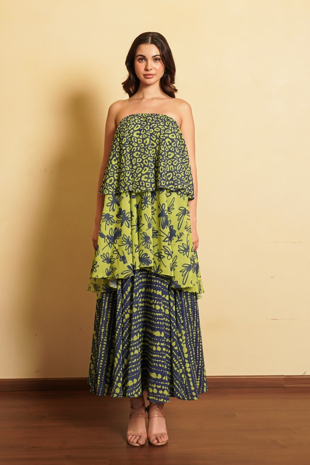Navy Blue and Green Trio Print Three Layered Gown