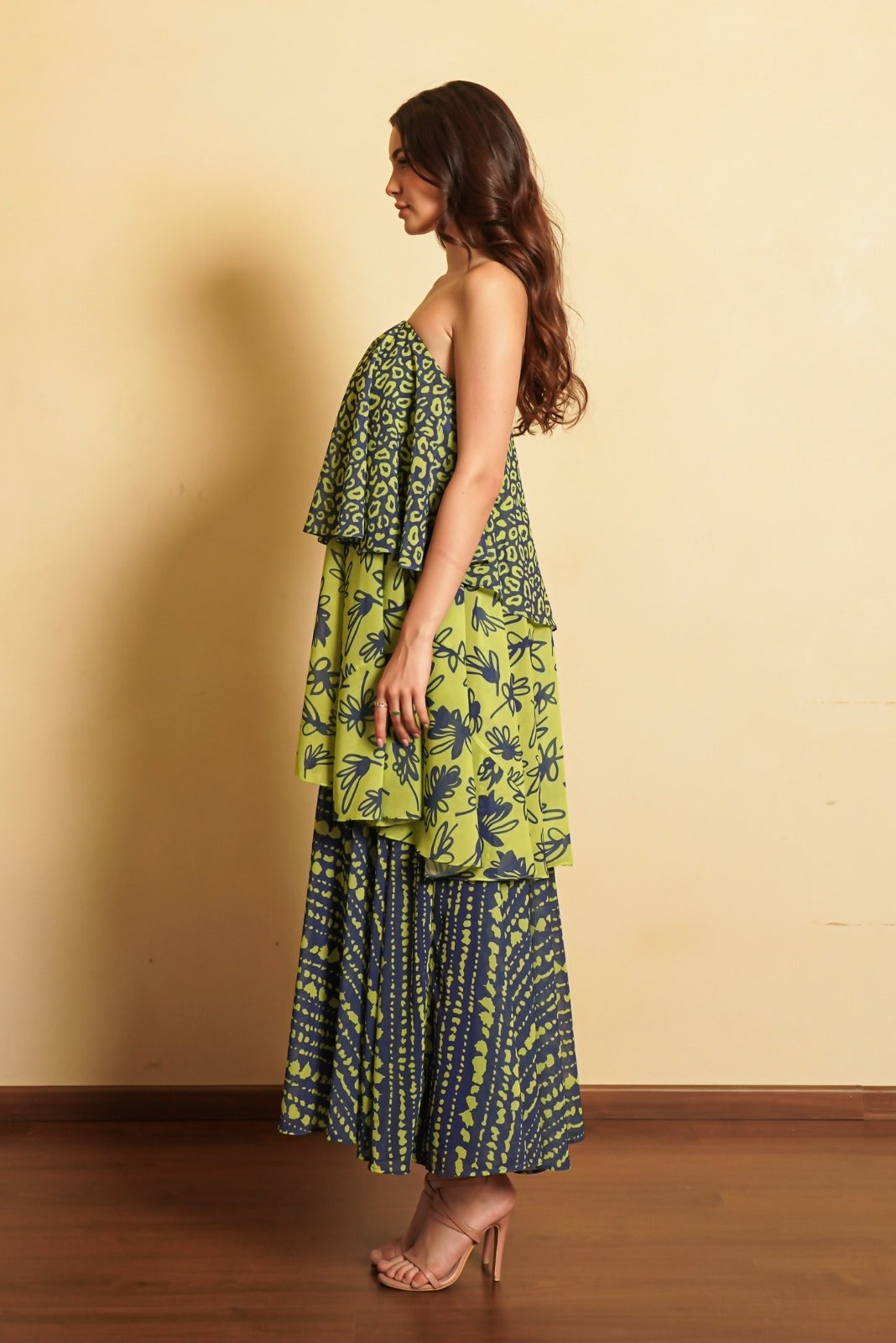 Navy Blue and Green Trio Print Three Layered Gown