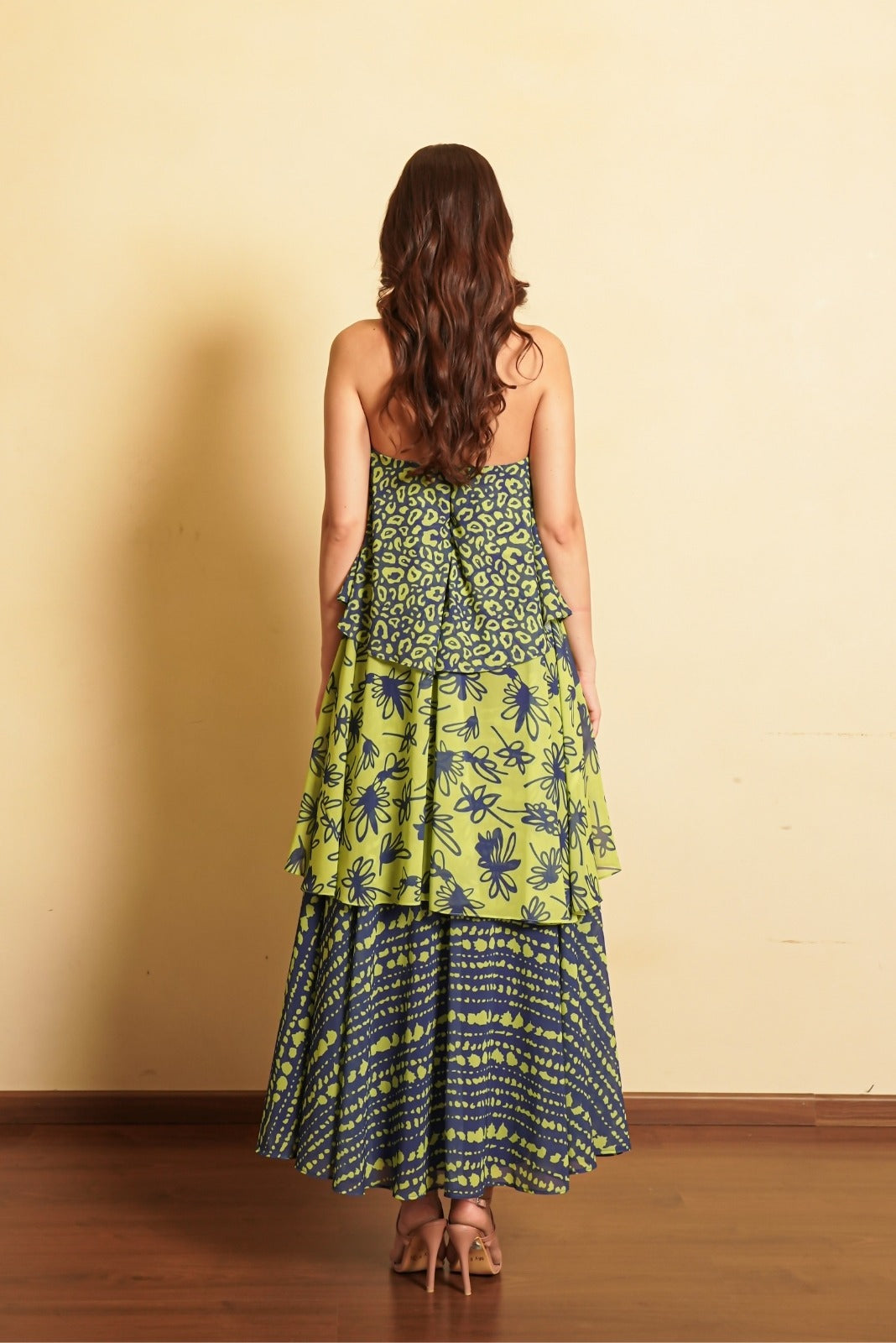 Navy Blue and Green Trio Print Three Layered Gown