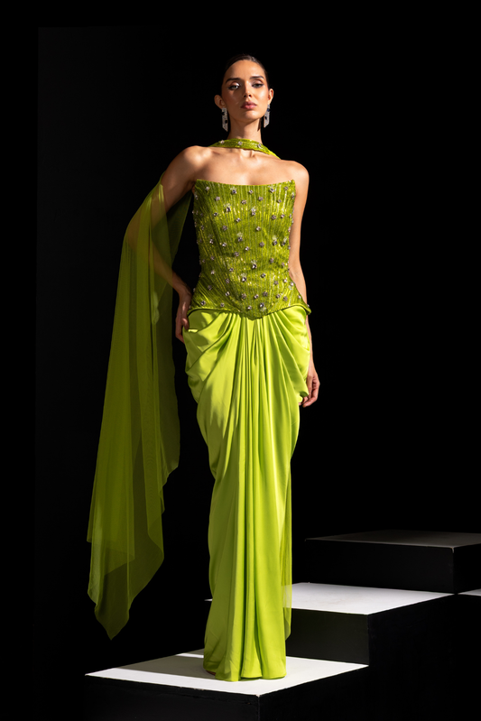 Neon Green Long Corset with Drape Skirt - Venom