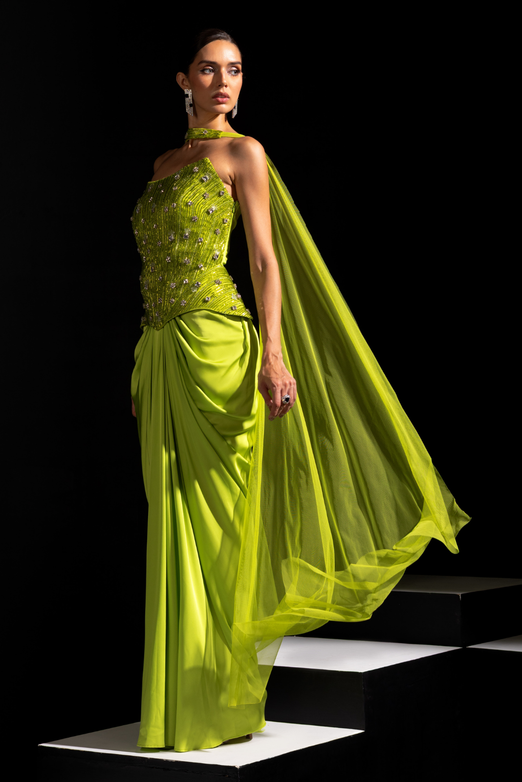 Neon Green Long Corset with Drape Skirt - Venom