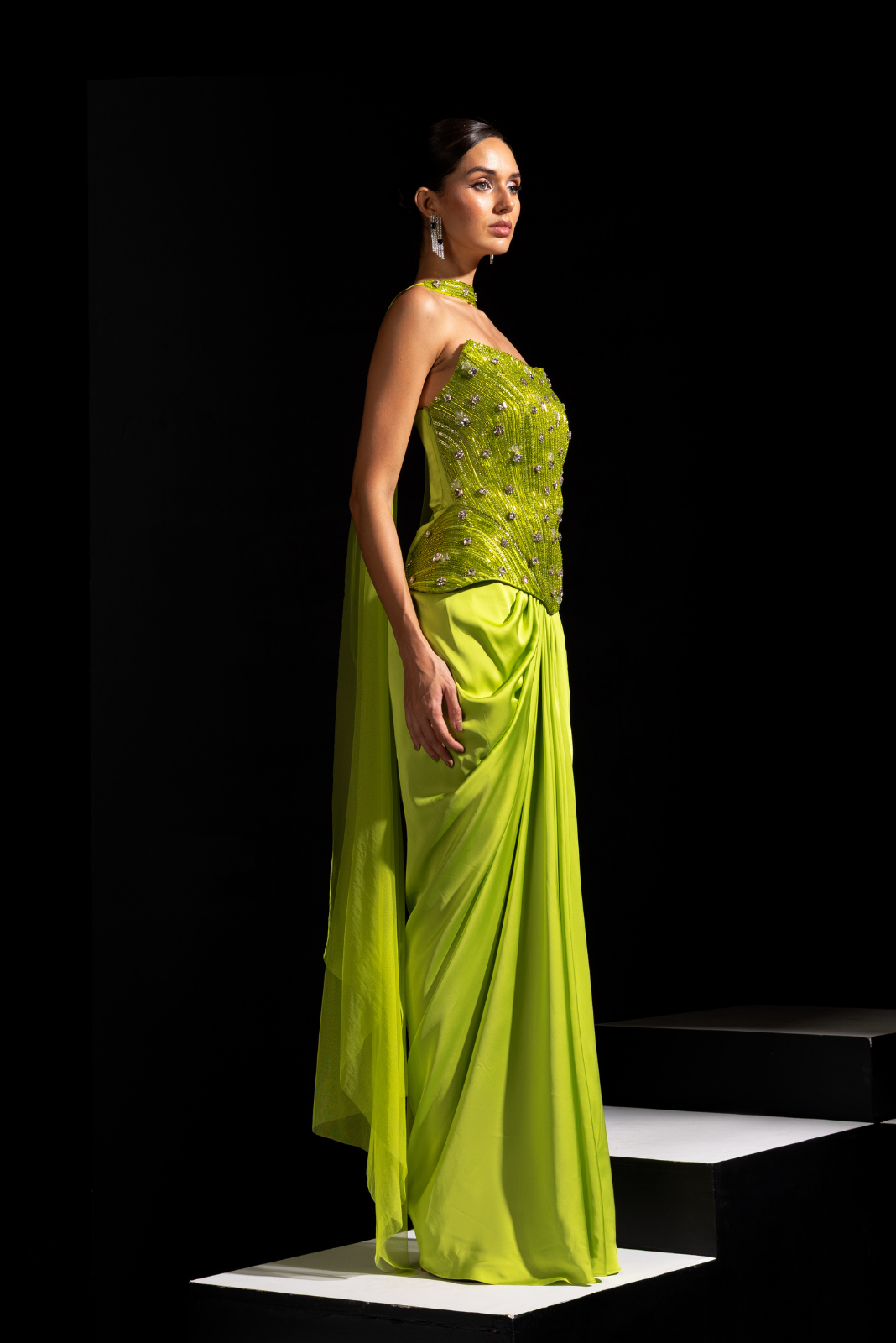 Neon Green Long Corset with Drape Skirt - Venom
