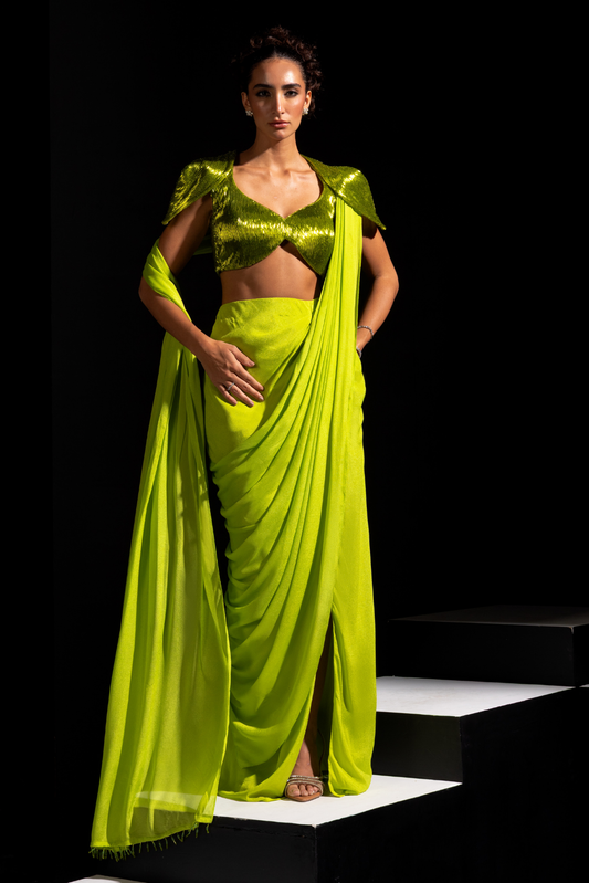 Neon Green Embroidered Blouse with Pre drapped Saree - Zest