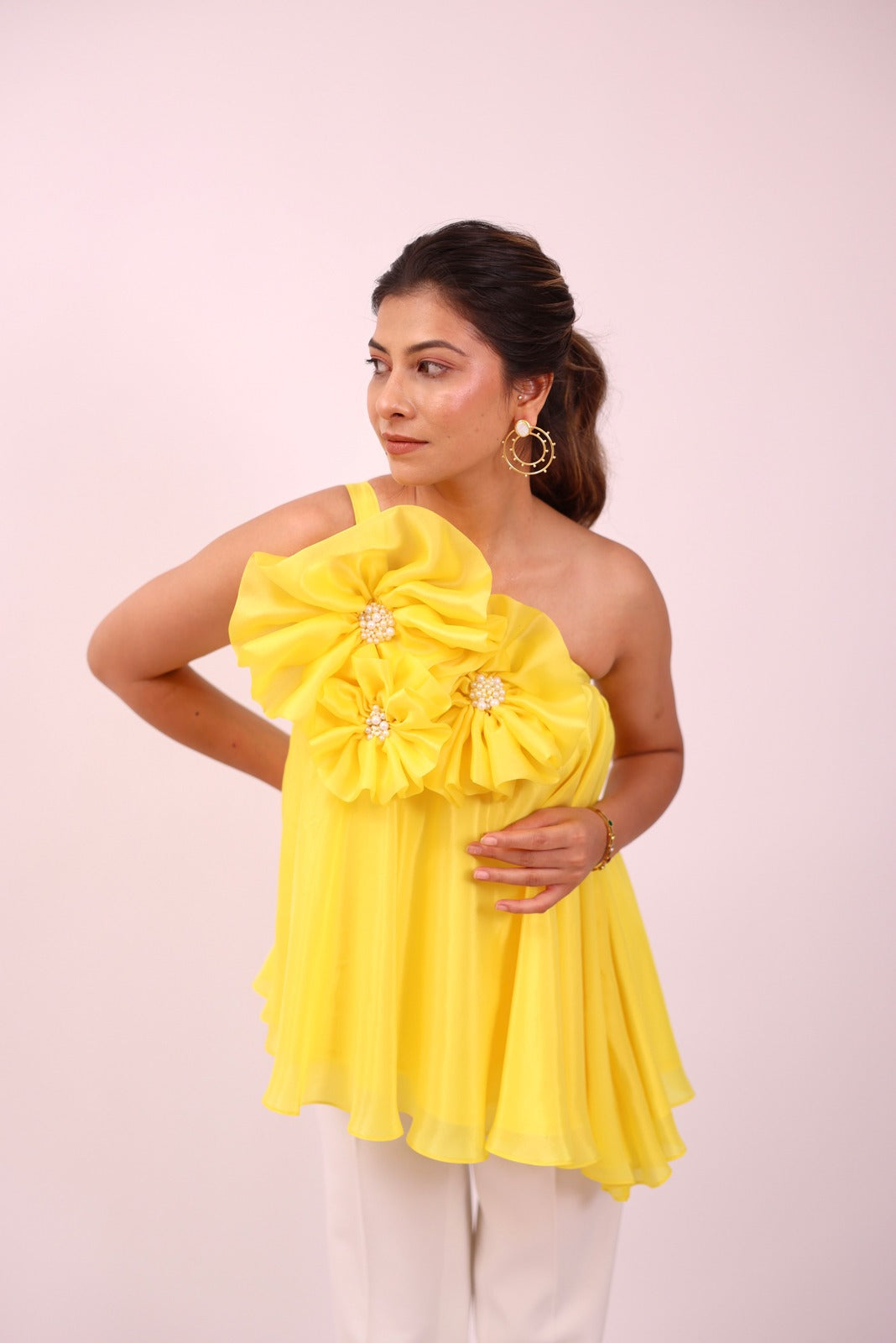 Yellow And White Co Ord Set With Asymmetrical Flair And Flower Details – Obsess