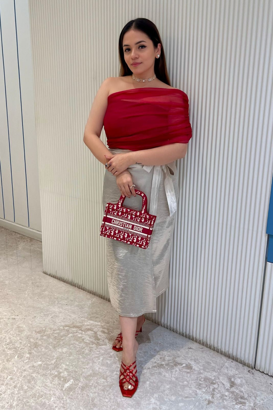 One Sided Crop Top and Metallic Skirt Set