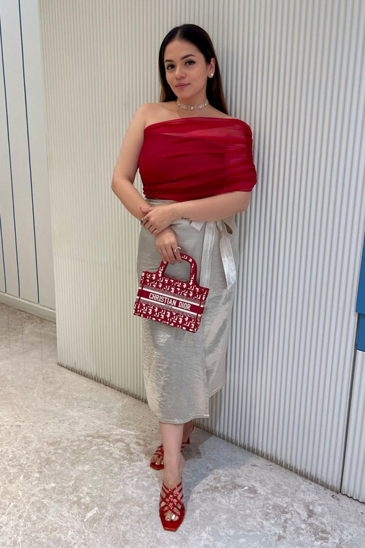 One Sided Crop Top and Metallic Skirt Set