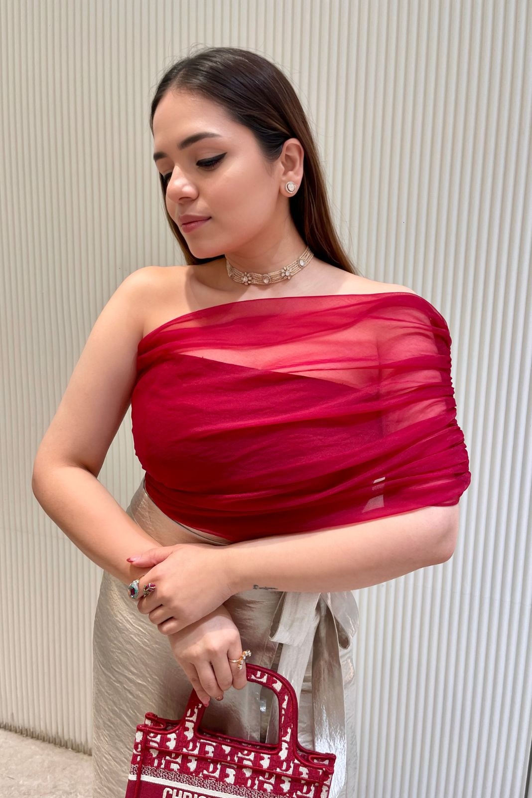 One Sided Crop Top and Metallic Skirt Set