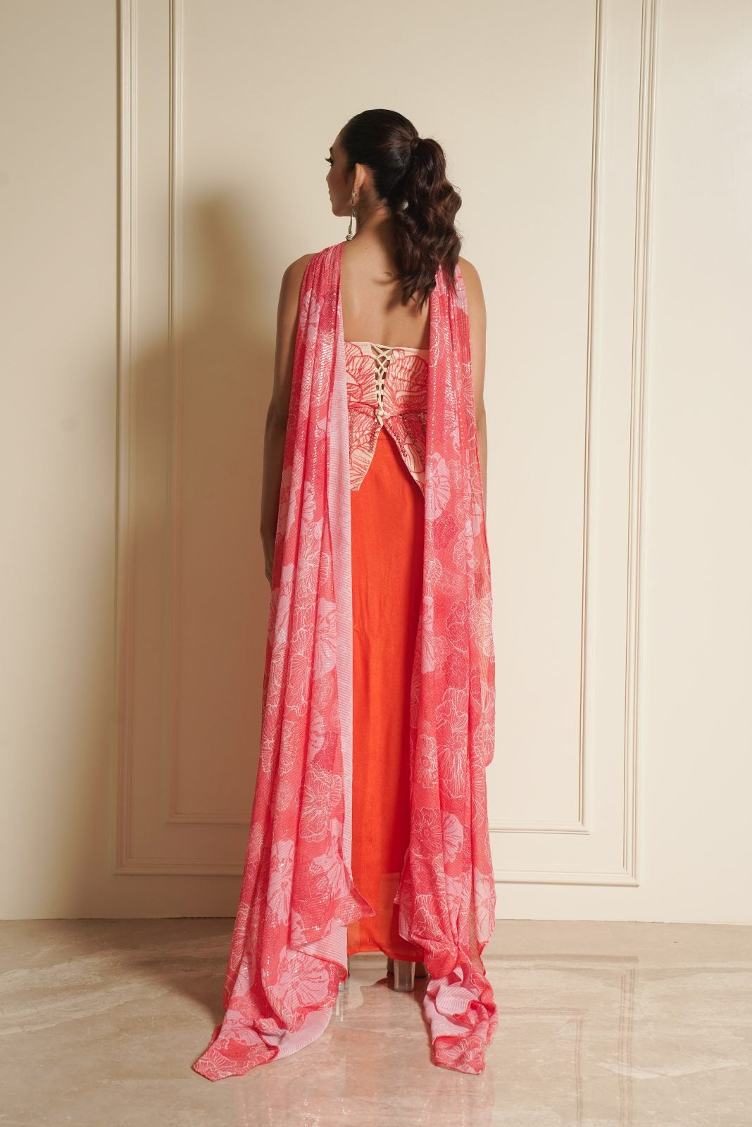 Orange Cream Printed Peplum with Drape Skirt and Choker Dupatta – Cosmos Crush