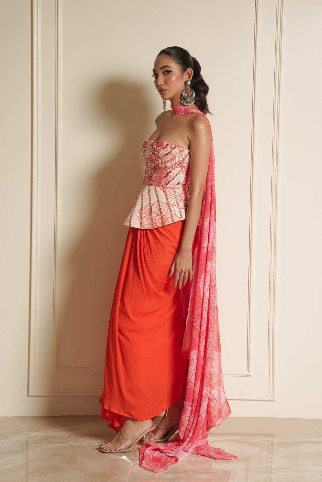 Orange Cream Printed Peplum with Drape Skirt and Choker Dupatta – Cosmos Crush
