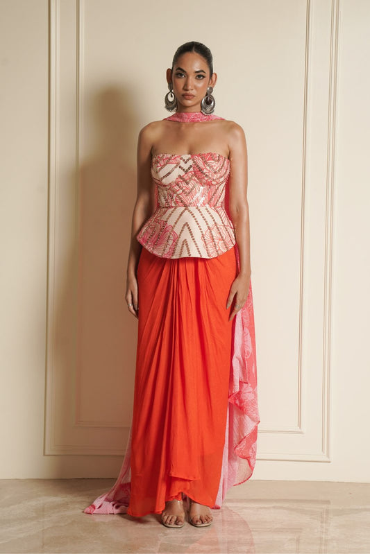 Orange Cream Printed Peplum with Drape Skirt and Choker Dupatta – Cosmos Crush