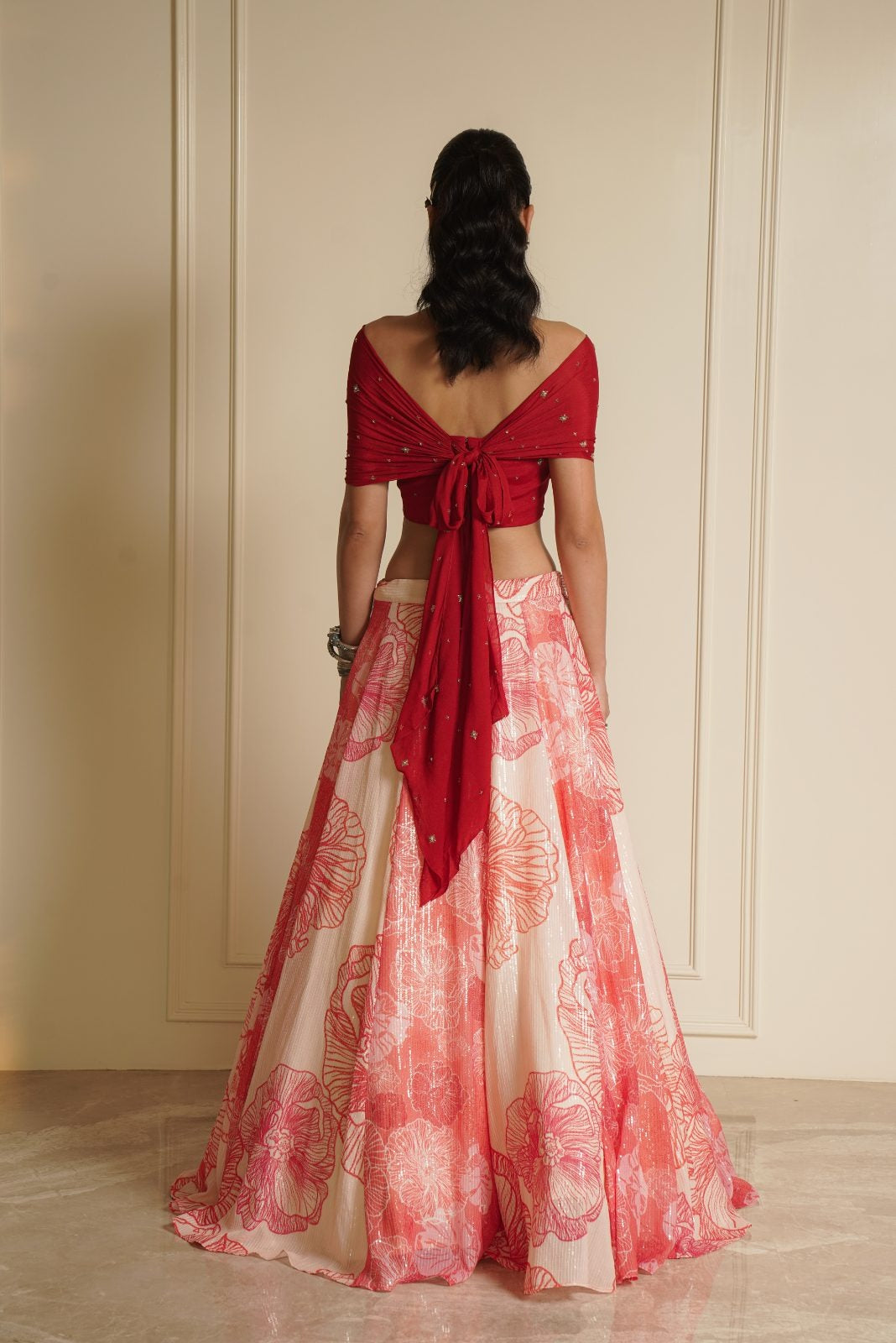 Orange Off shoulder Blouse with Printed Lehenga – Floral Fusion