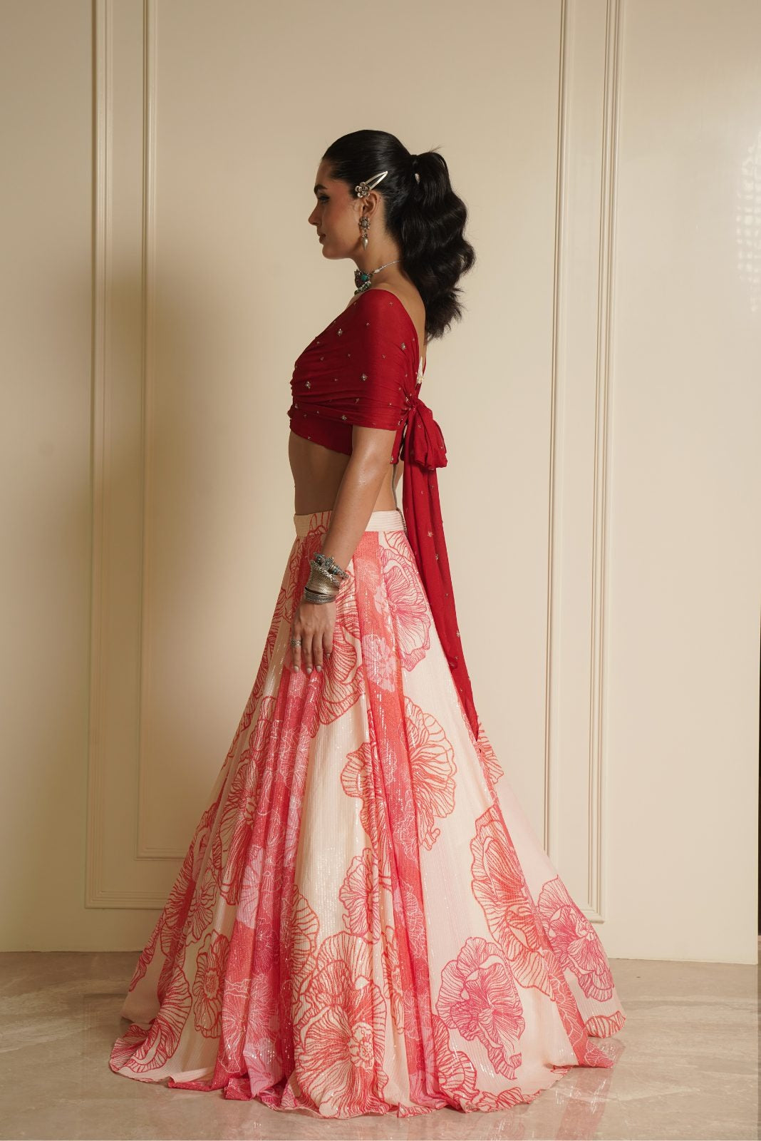 Orange Off shoulder Blouse with Printed Lehenga – Floral Fusion