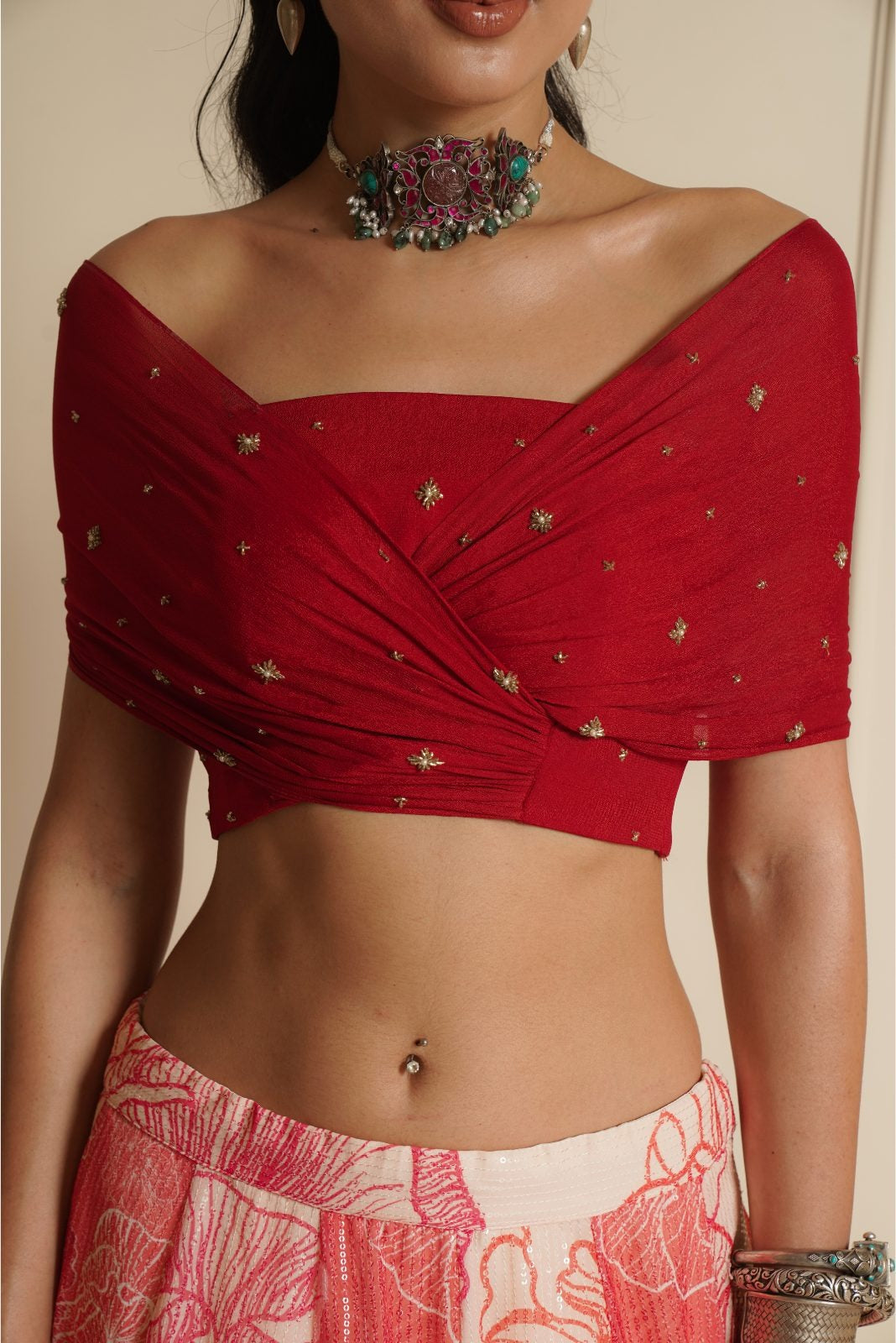 Orange Off shoulder Blouse with Printed Lehenga – Floral Fusion