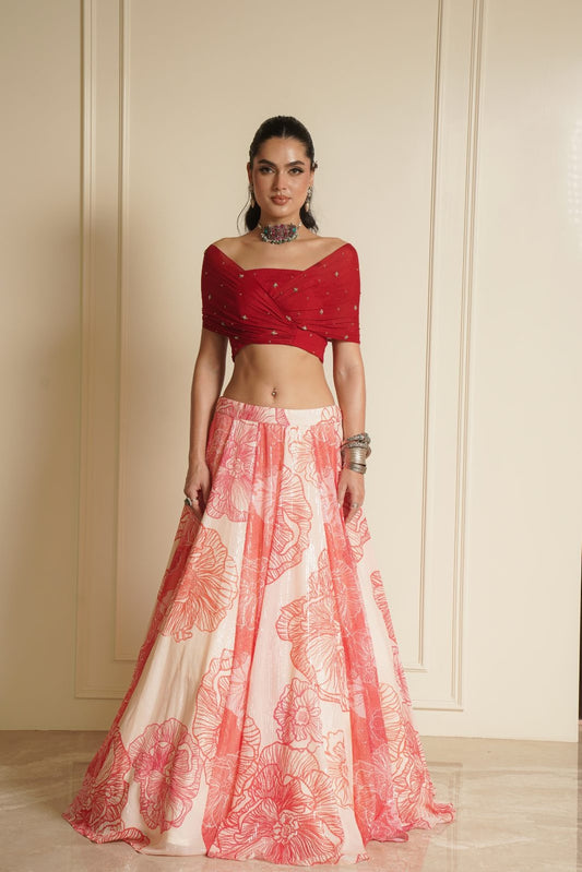 Orange Off shoulder Blouse with Printed Lehenga – Floral Fusion