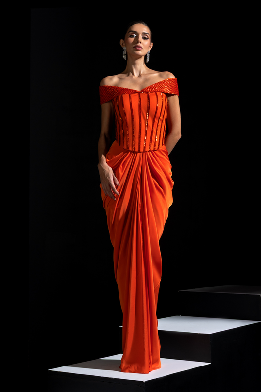Orange Off shoulder Corset with Drape Skirt - Tangelo