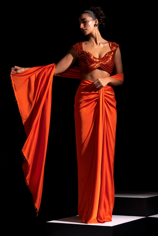 Orange Pre-draped Saree - Flame