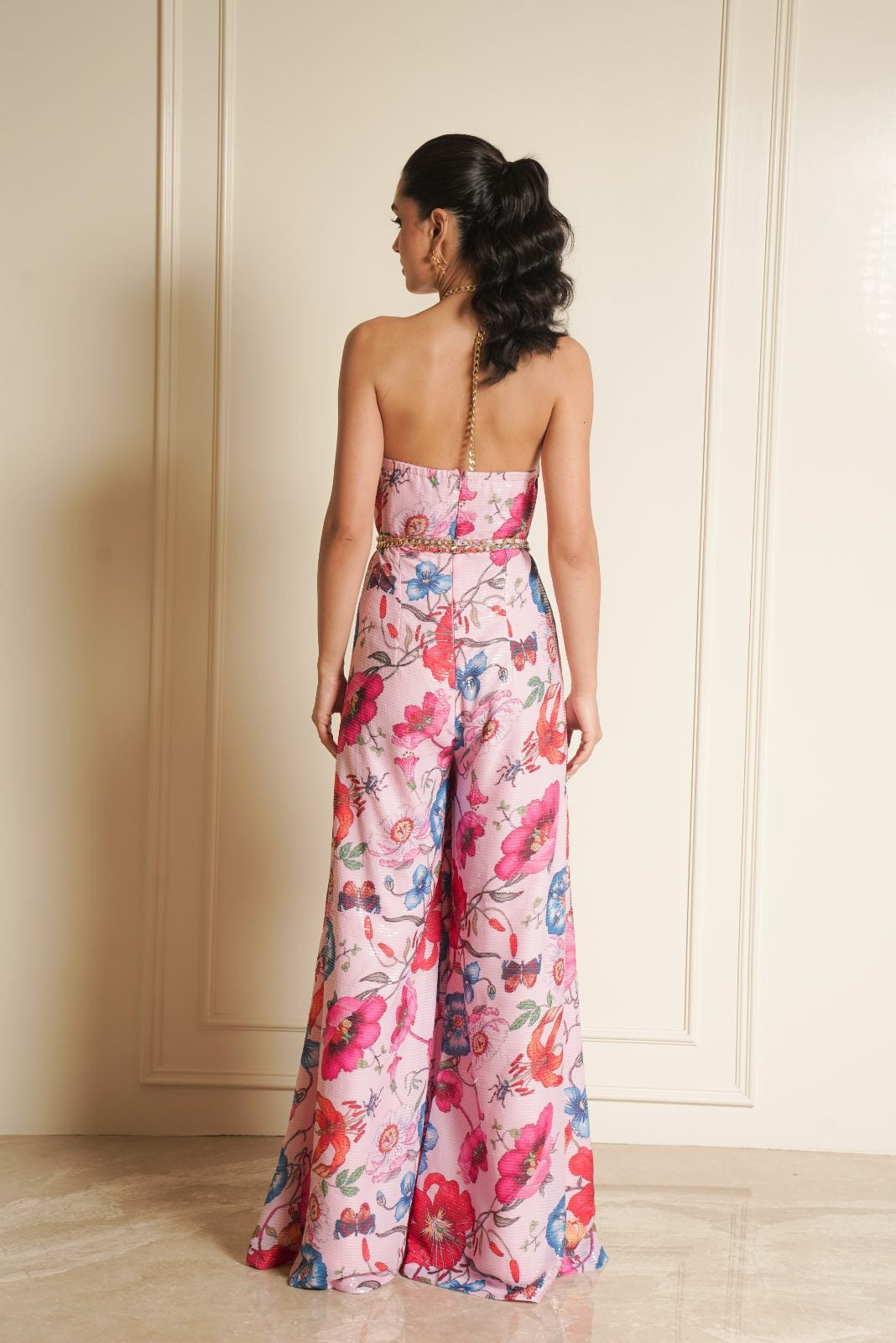 Pink Printed Sequence Jumpsuit with Metal Belt – Petal Pizza
